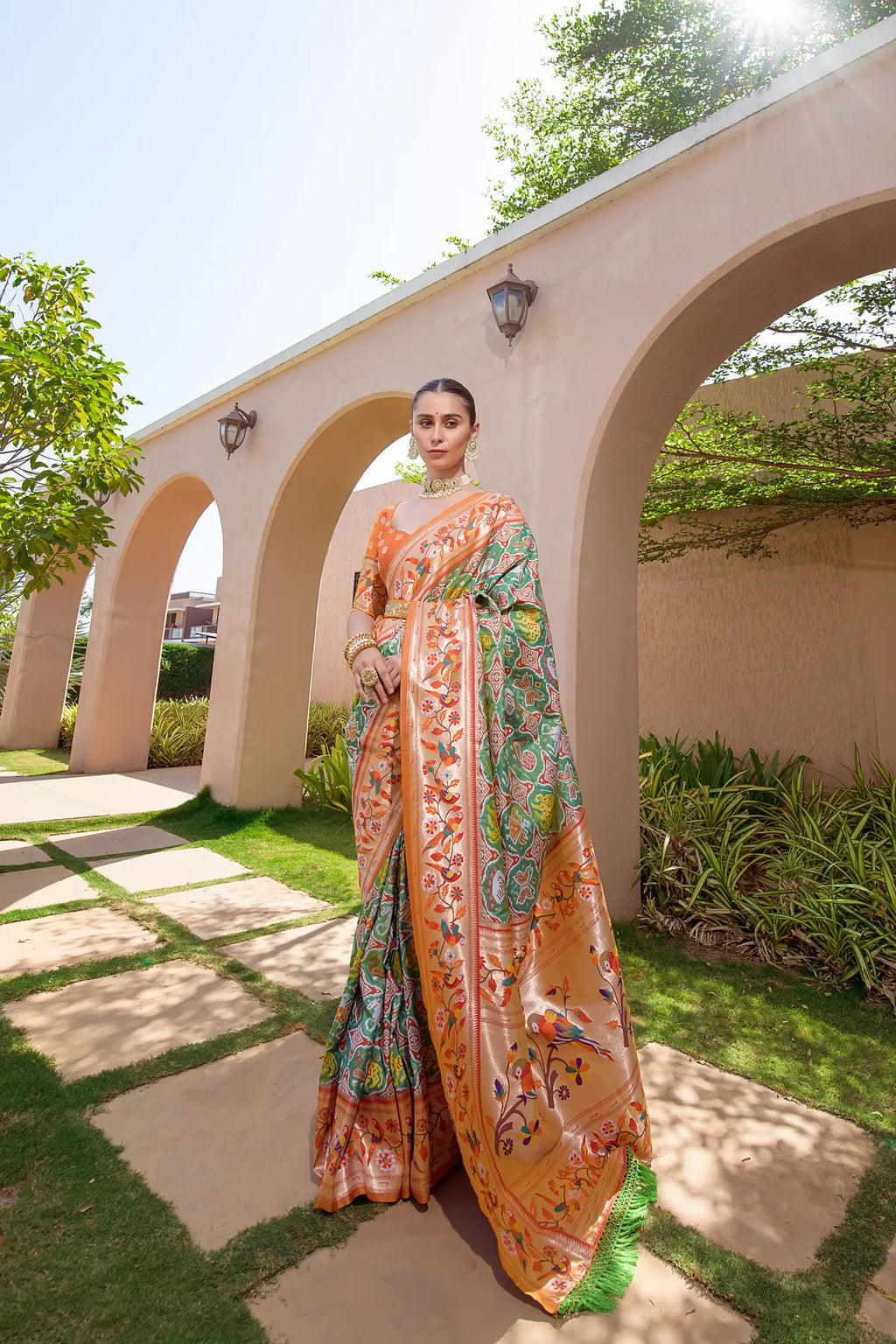 Mahendi Paithani Silk Saree With Blouse Piece For Women