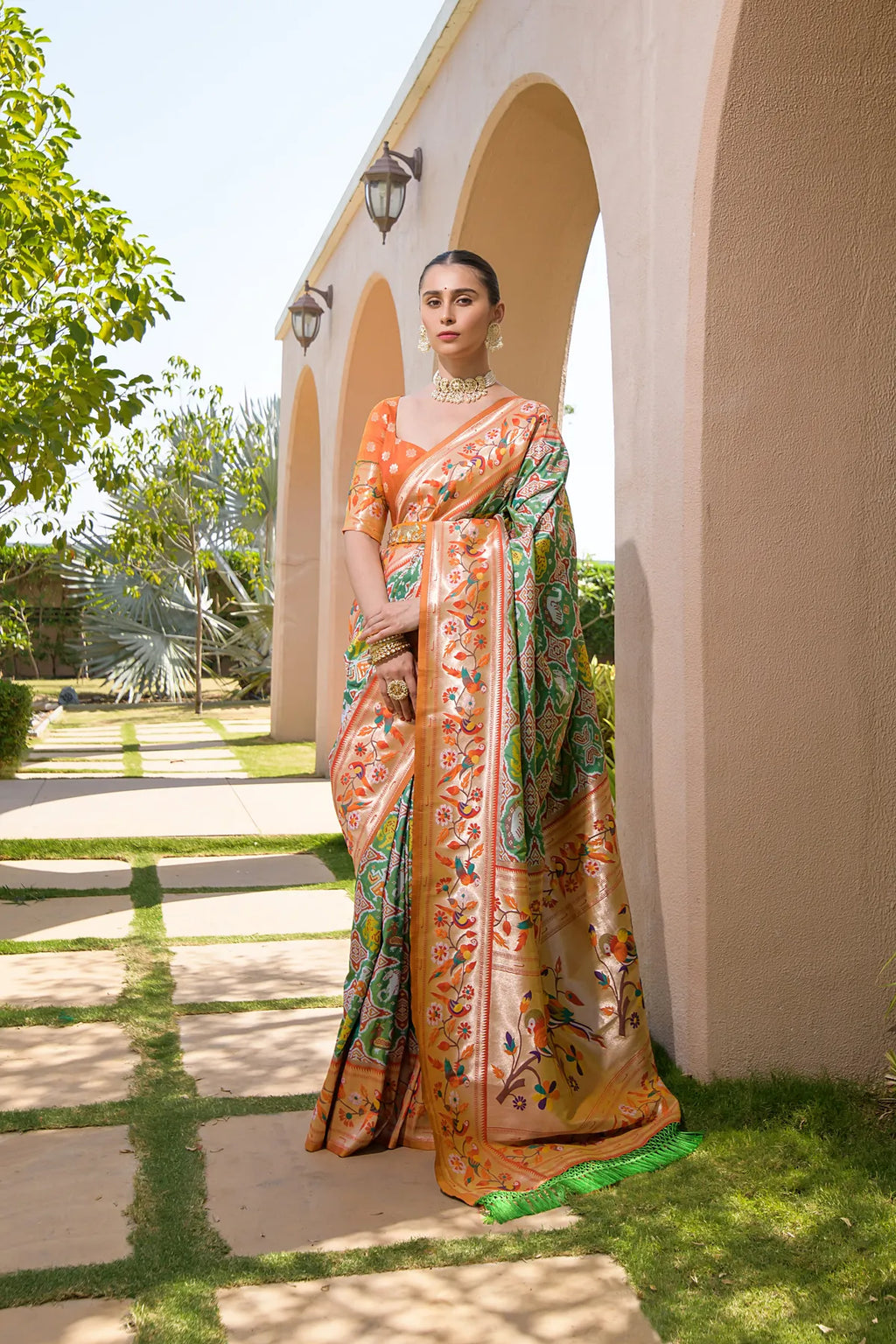 Mahendi Paithani Silk Saree With Blouse Piece For Women