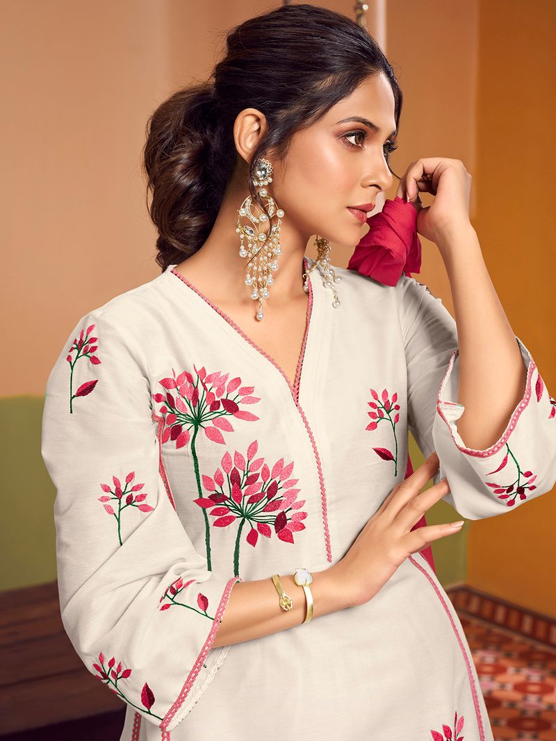off white colour embroidered anarkali flared kurta with palazzos dupatta