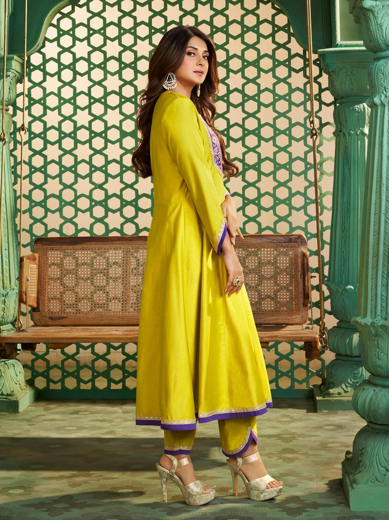 yellow purple embroidered anarkali kurta set