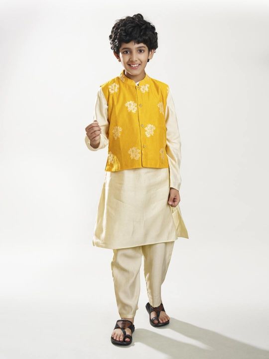 full sleeves jacquard design straight cut kurta pyjama with jacket offwhite yellow