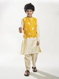 full sleeves jacquard design straight cut kurta pyjama with jacket offwhite yellow