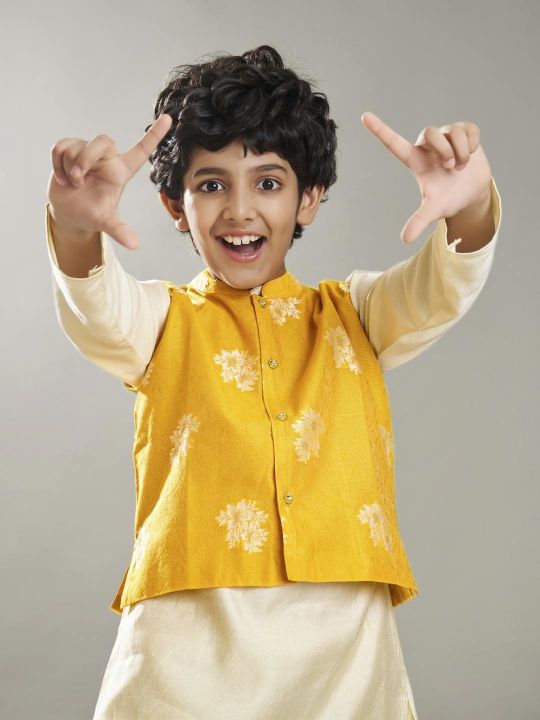 full sleeves jacquard design straight cut kurta pyjama with jacket offwhite yellow