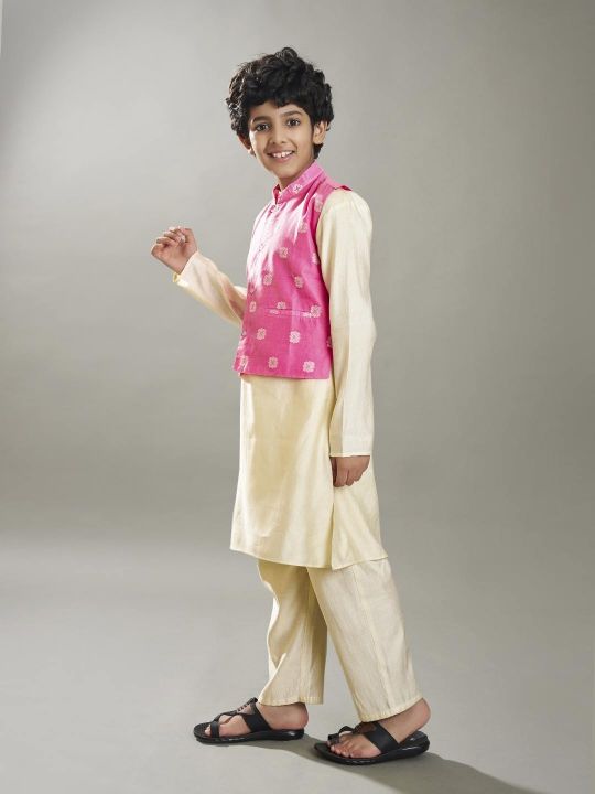 full sleeves jacquard design straight cut kurta pyjama with jacket offwhite pink
