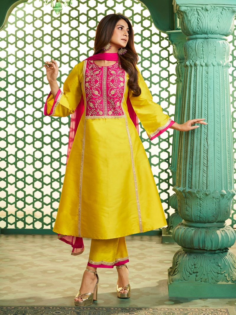 yellow with pink embroidered yoke kurta set