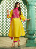 yellow with pink embroidered yoke kurta set