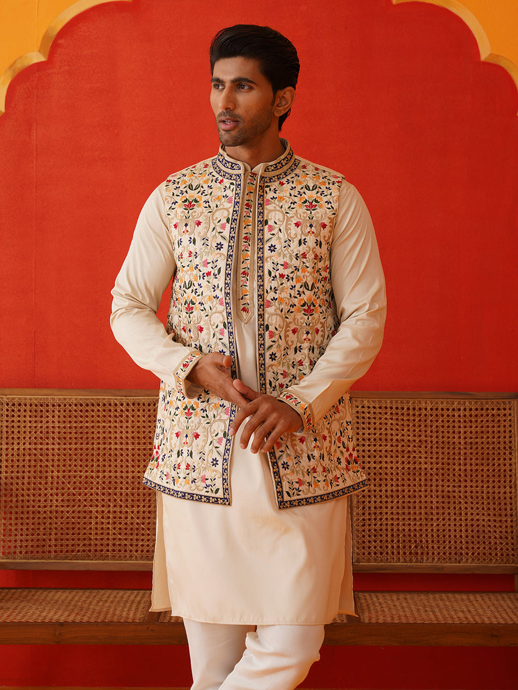embroidered waistcoat solid kurta pyjama for men