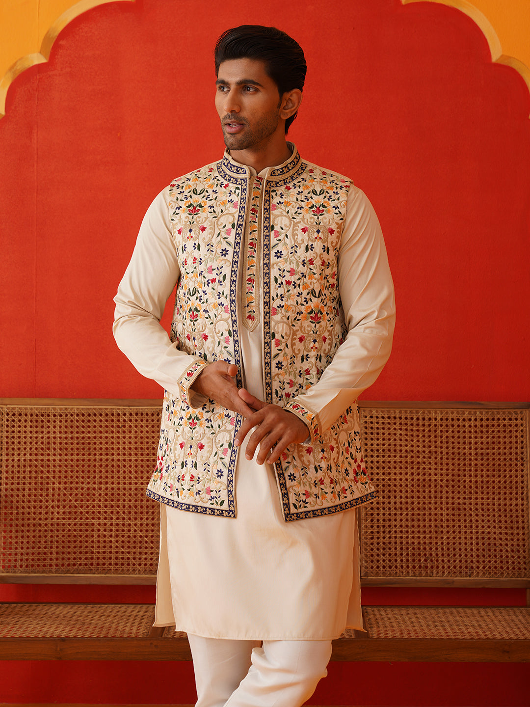 embroidered waistcoat solid kurta pyjama for men
