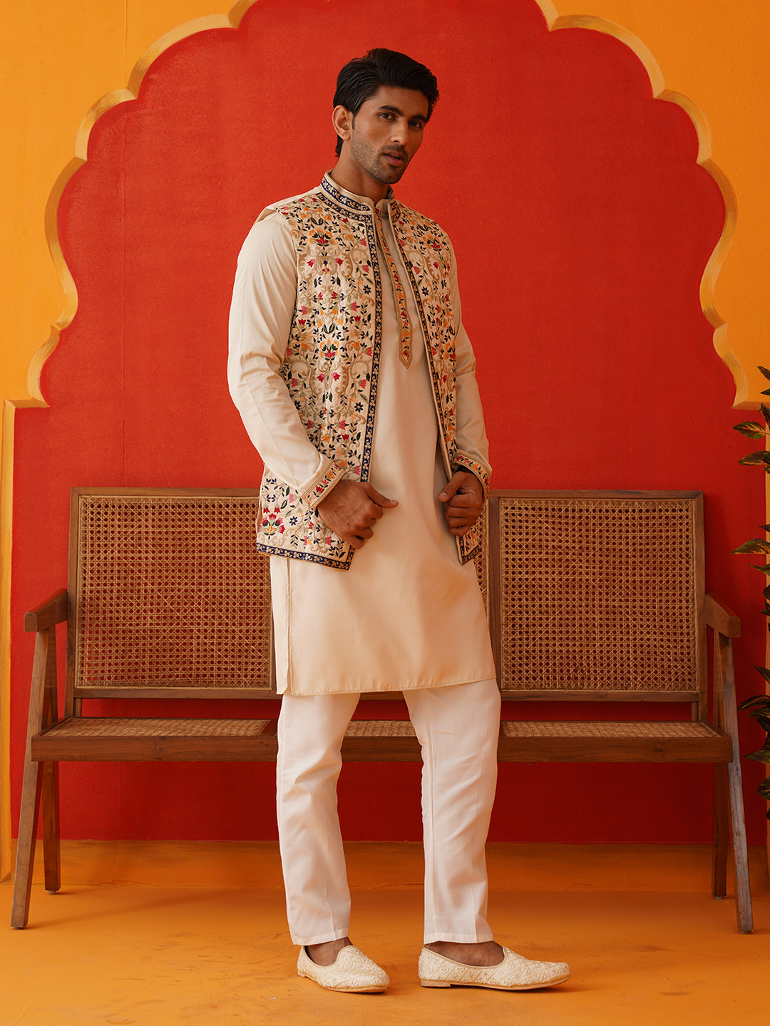 embroidered waistcoat solid kurta pyjama for men