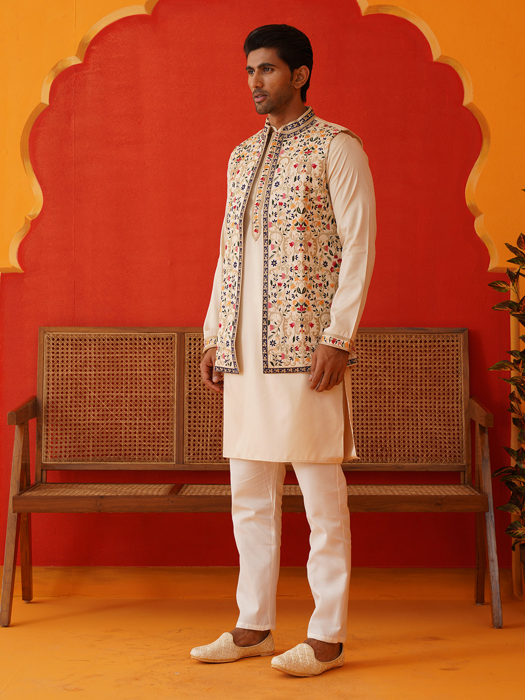 embroidered waistcoat solid kurta pyjama for men