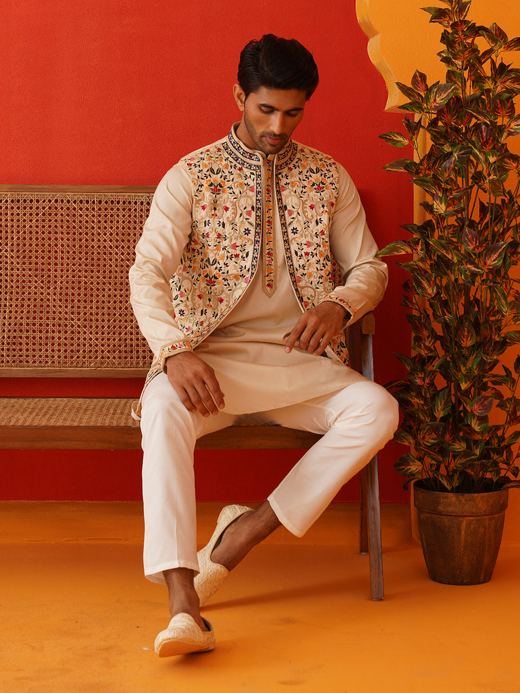 embroidered waistcoat solid kurta pyjama for men