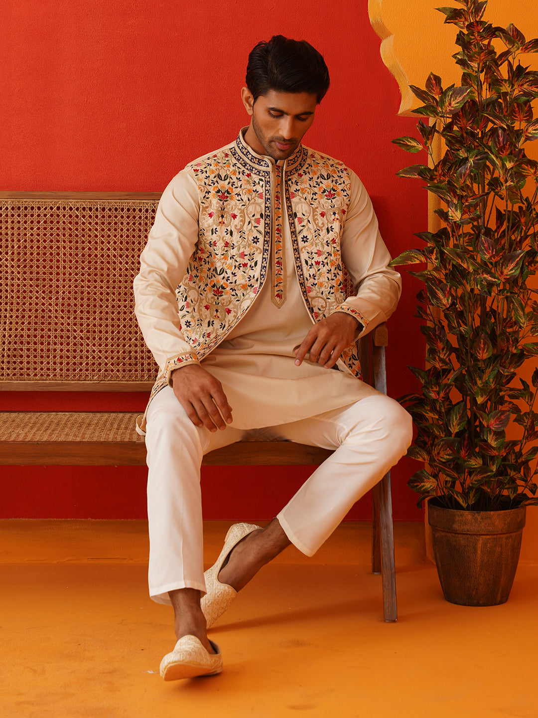 embroidered waistcoat solid kurta pyjama for men