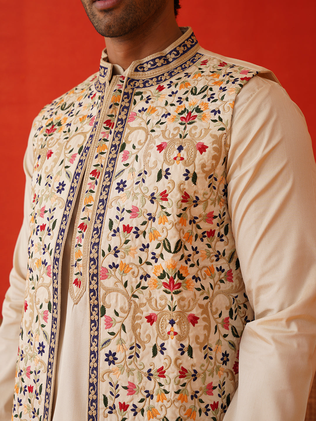 embroidered waistcoat solid kurta pyjama for men