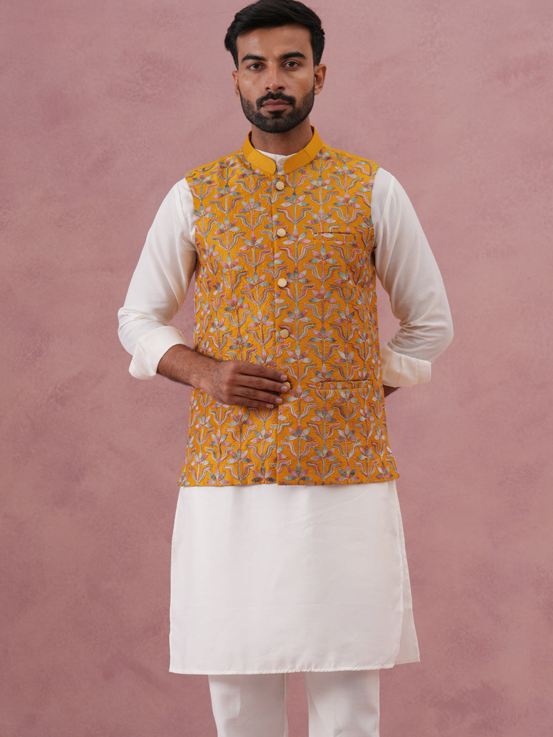 festive embroidered nehru jacket with classic kurta pyjama