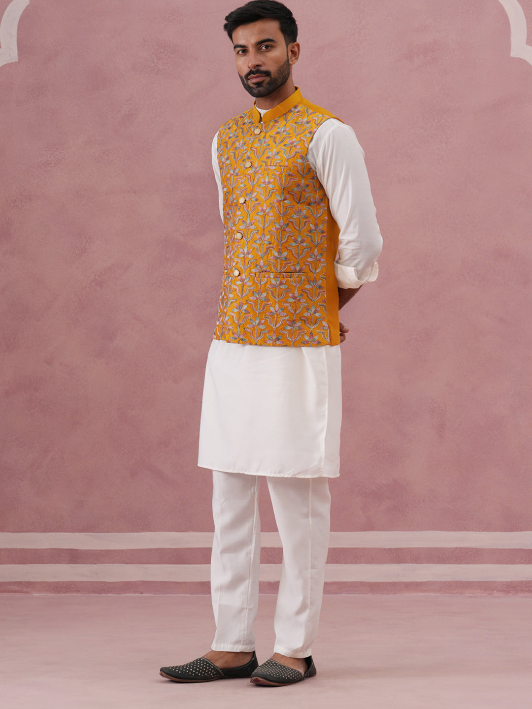 festive embroidered nehru jacket with classic kurta pyjama