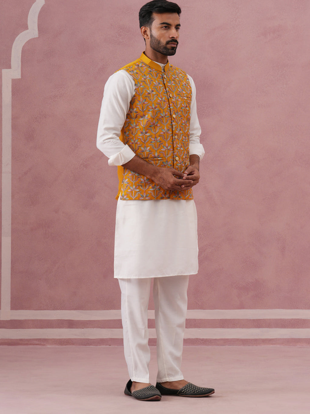 festive embroidered nehru jacket with classic kurta pyjama