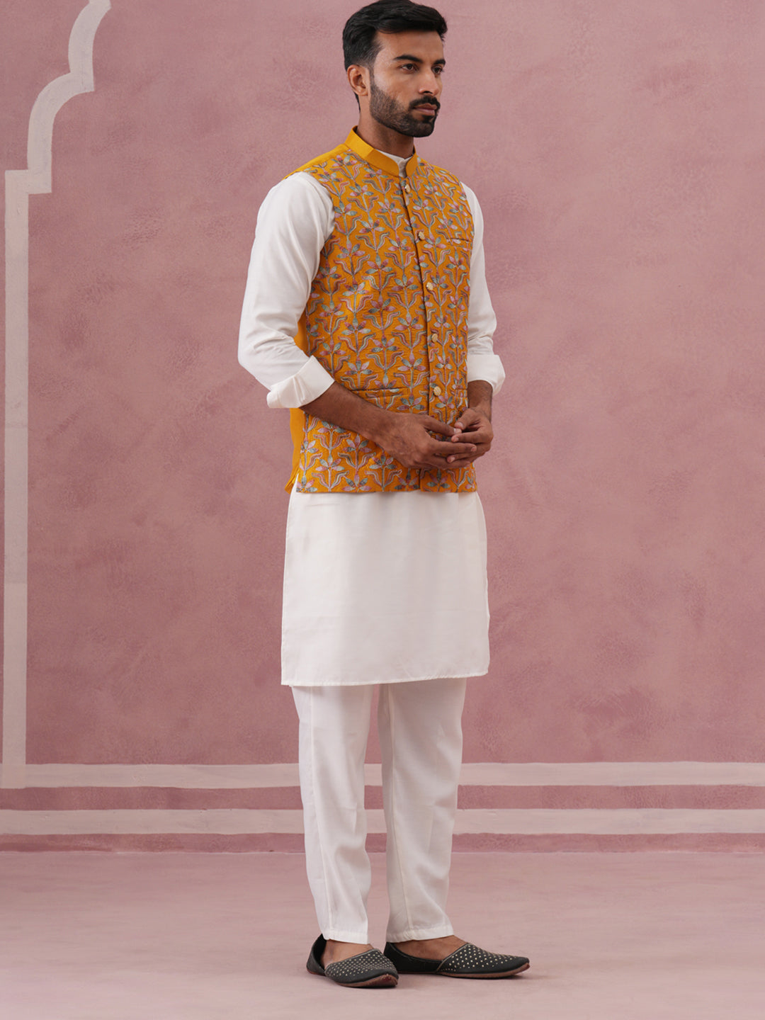 festive embroidered nehru jacket with classic kurta pyjama