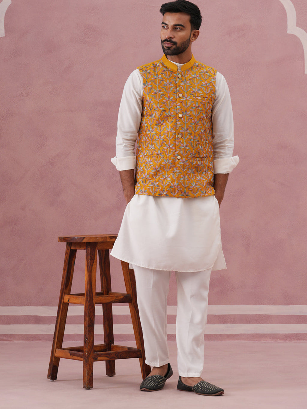 festive embroidered nehru jacket with classic kurta pyjama