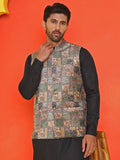 sequins printed nehru jacket with solid kurta pyjama set