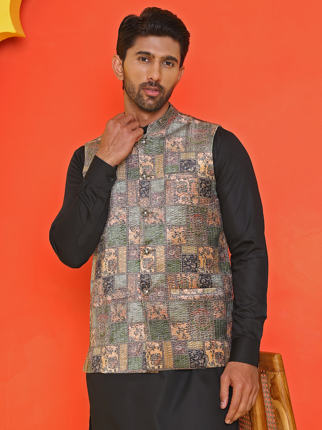 sequins printed nehru jacket with solid kurta pyjama set