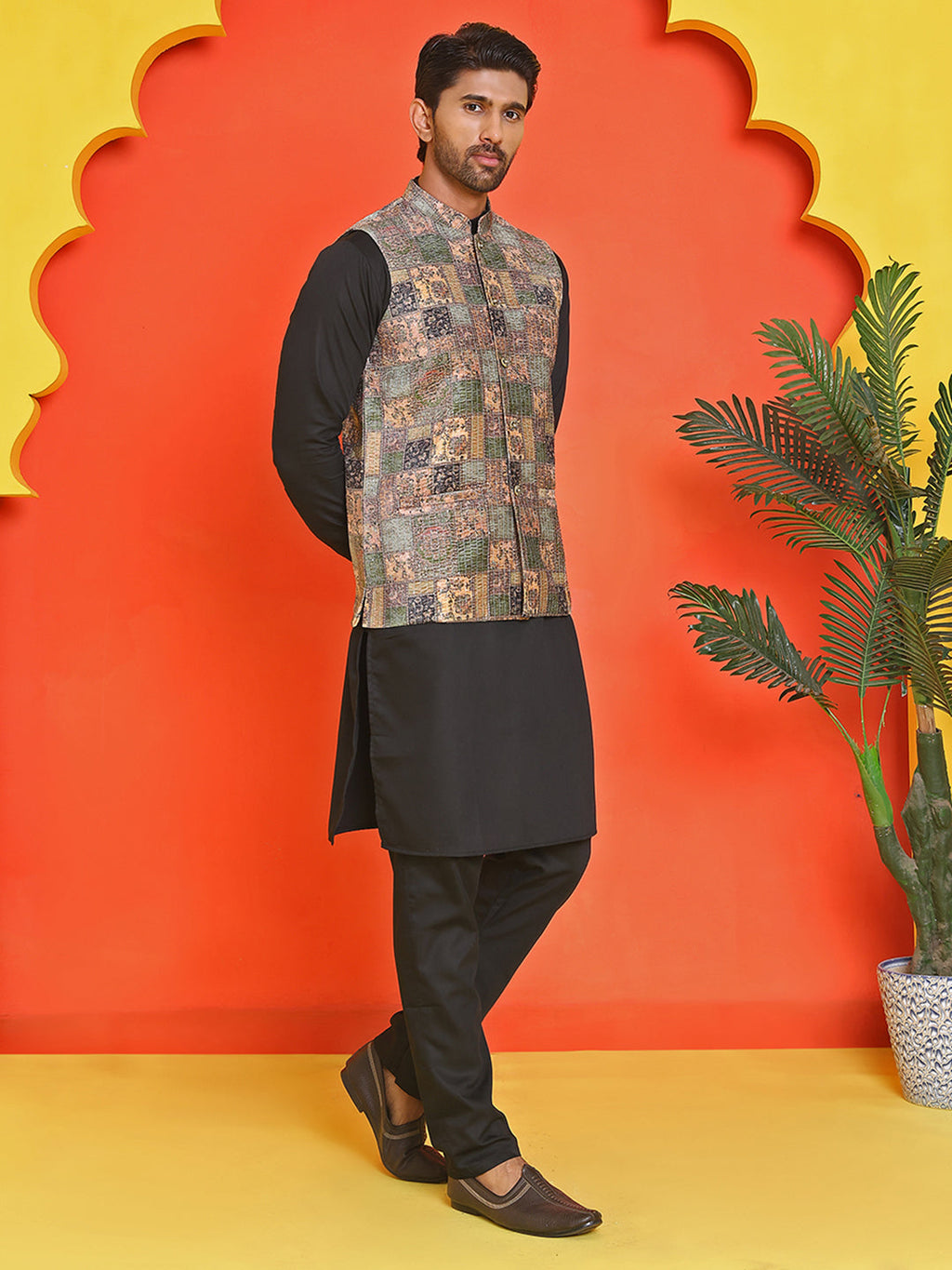 sequins printed nehru jacket with solid kurta pyjama set