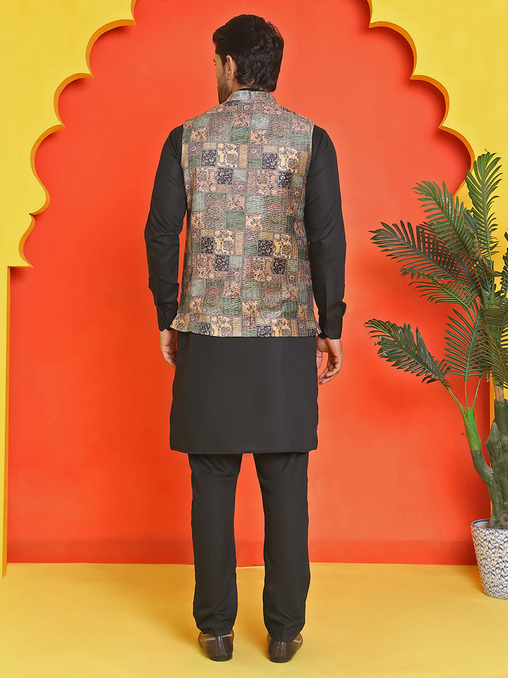 sequins printed nehru jacket with solid kurta pyjama set