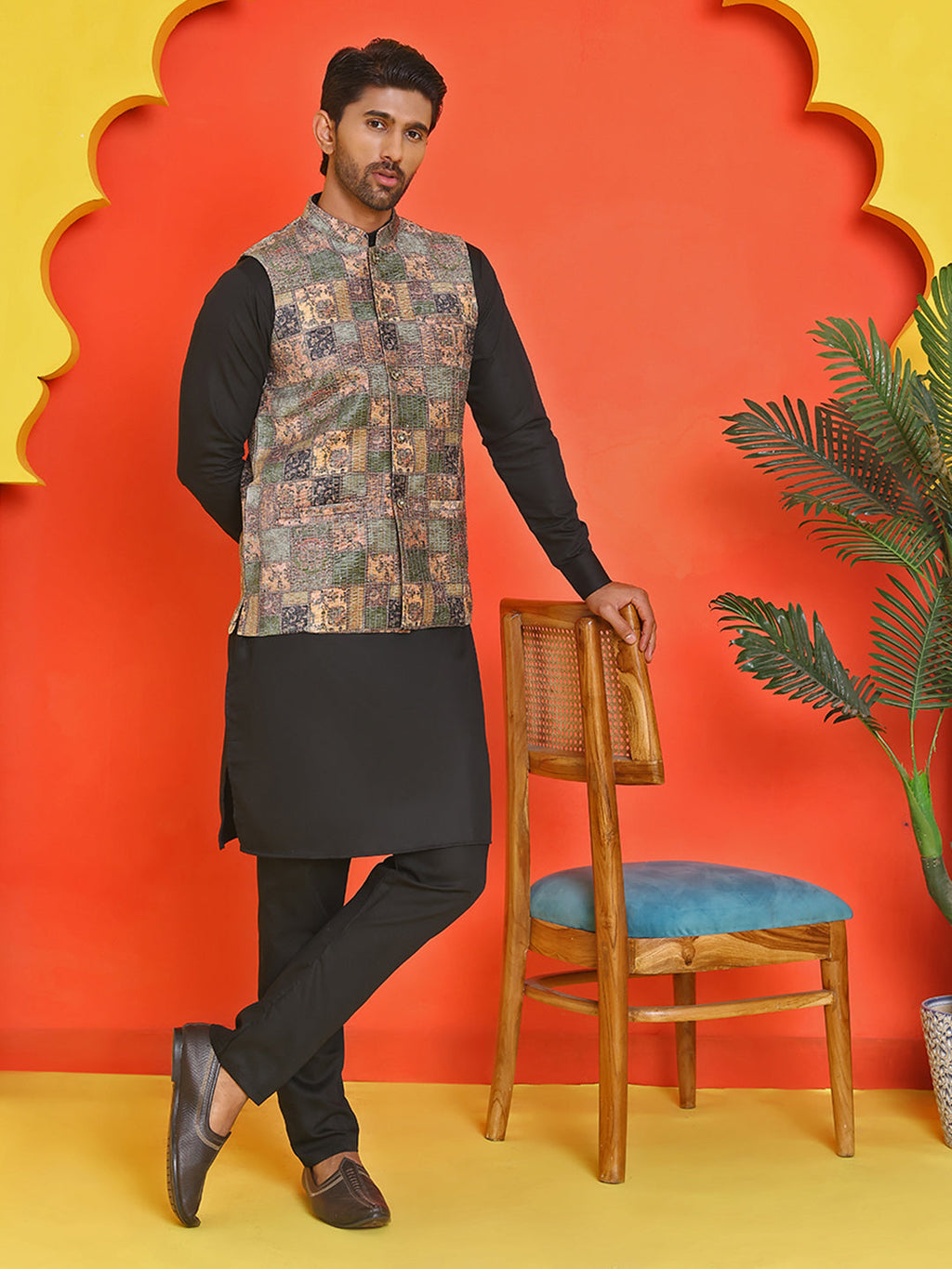 sequins printed nehru jacket with solid kurta pyjama set