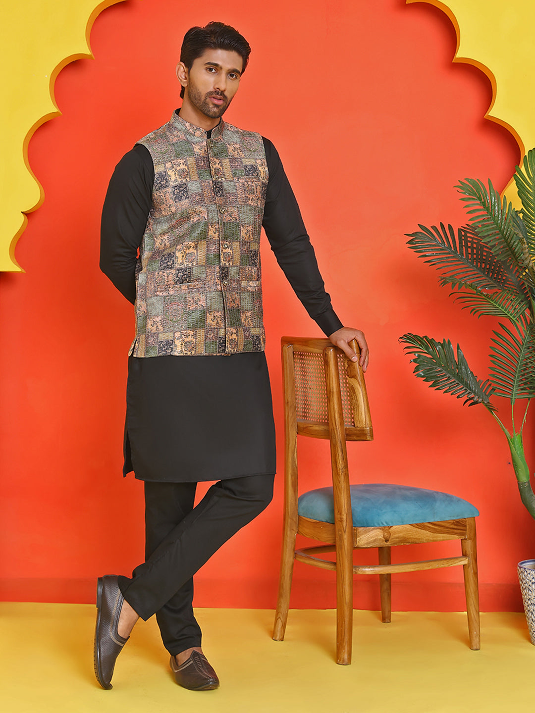 sequins printed nehru jacket with solid kurta pyjama set