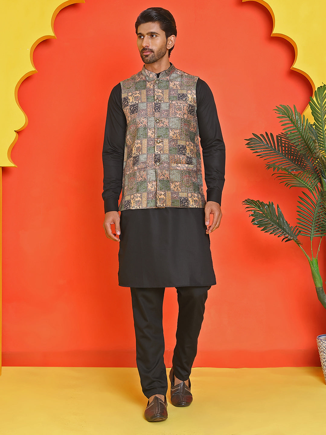 sequins printed nehru jacket with solid kurta pyjama set