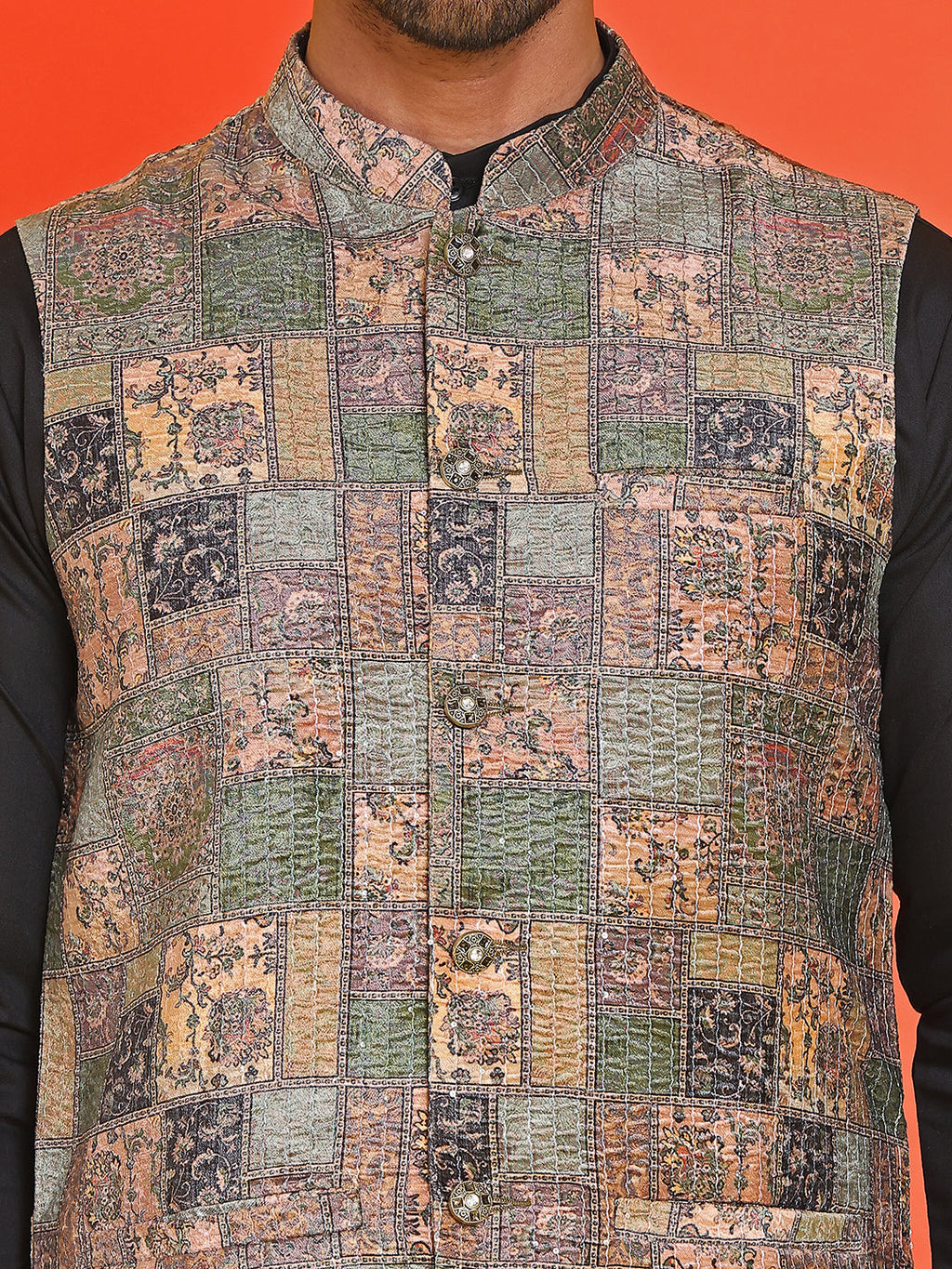 sequins printed nehru jacket with solid kurta pyjama set