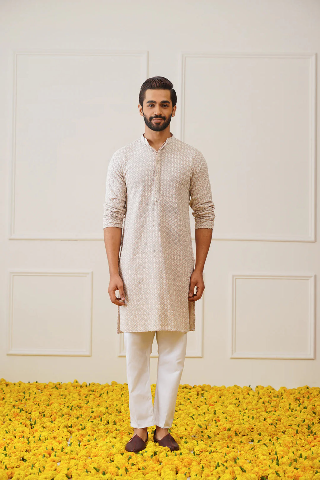 sequin embroidered pure cotton kurta with pyjamas beige