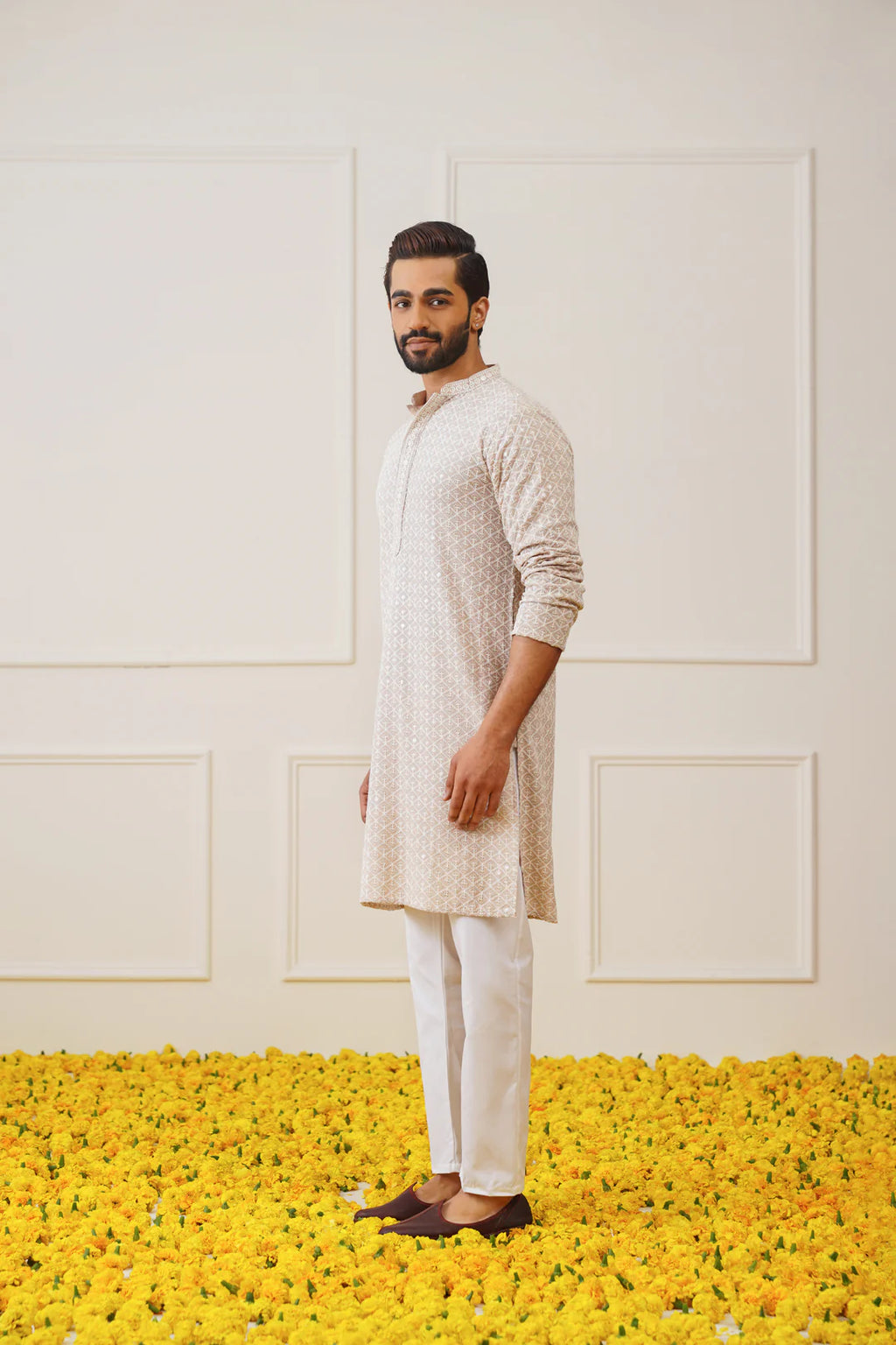 sequin embroidered pure cotton kurta with pyjamas beige