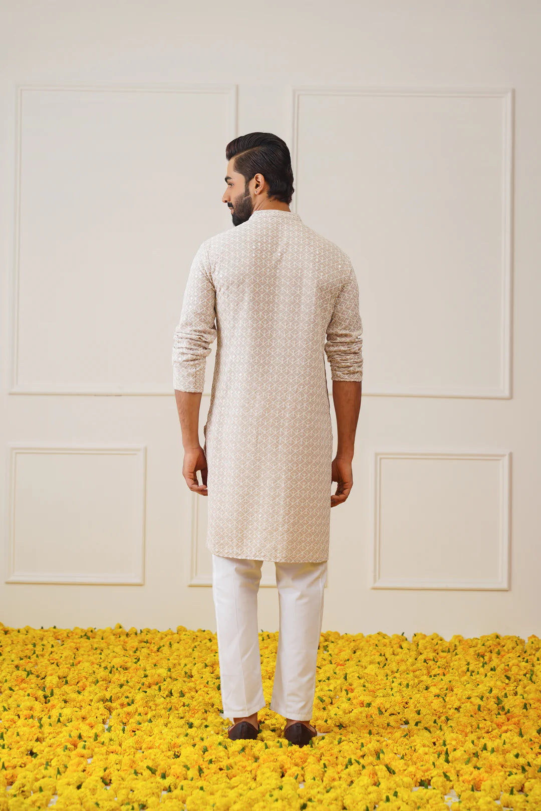 sequin embroidered pure cotton kurta with pyjamas beige