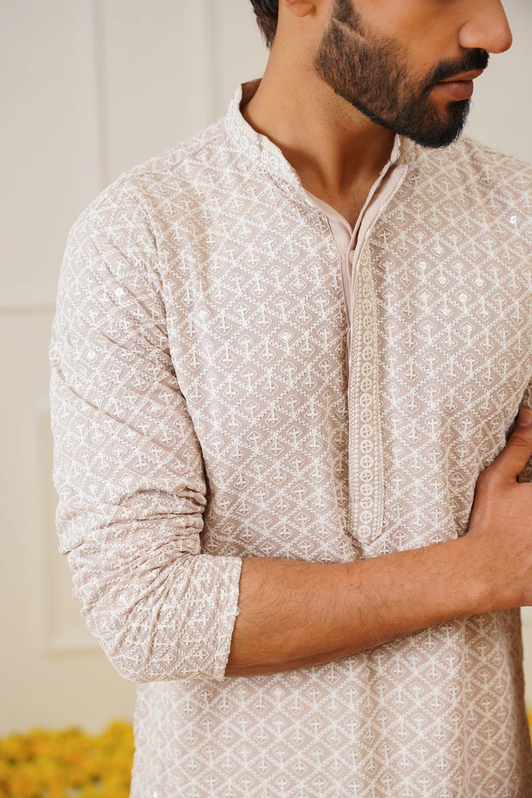 sequin embroidered pure cotton kurta with pyjamas beige