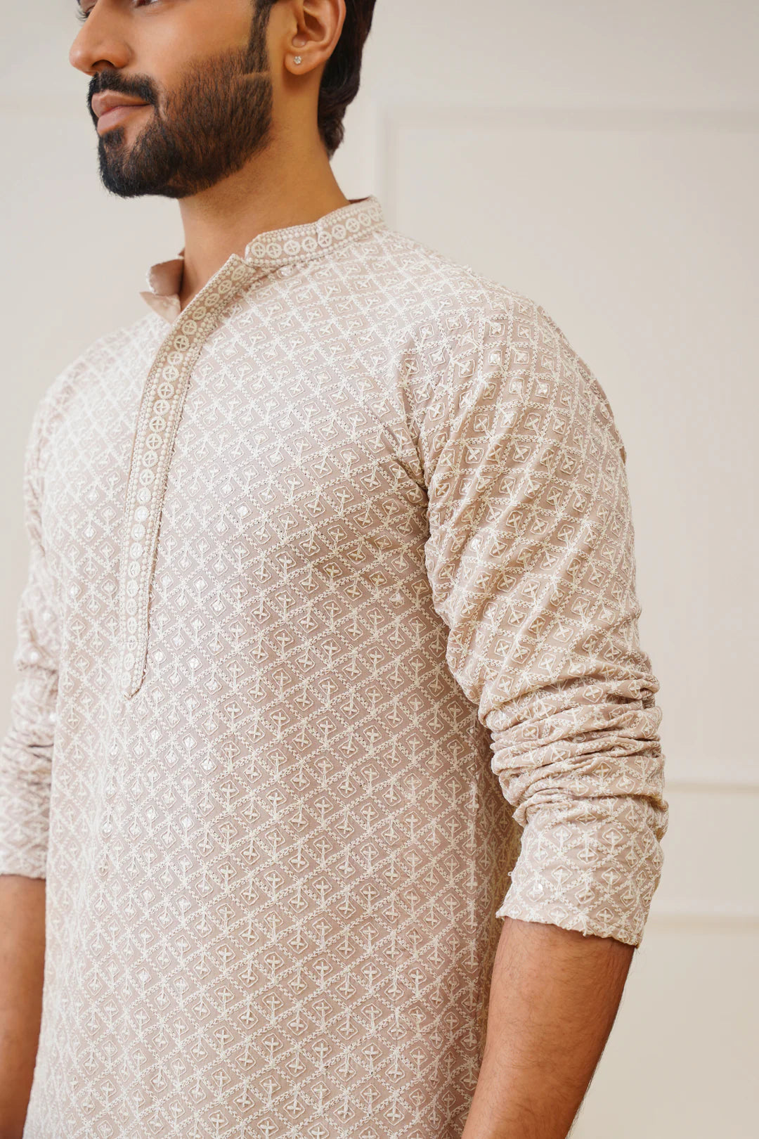 sequin embroidered pure cotton kurta with pyjamas beige