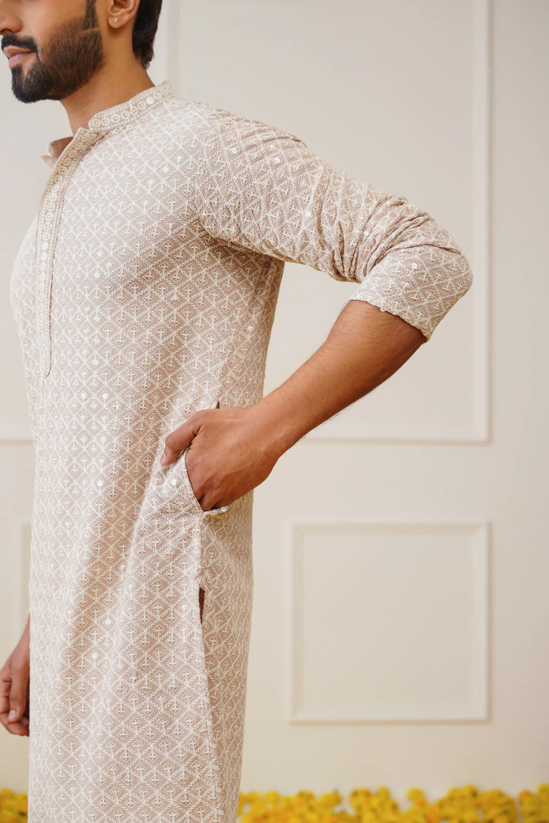 sequin embroidered pure cotton kurta with pyjamas beige