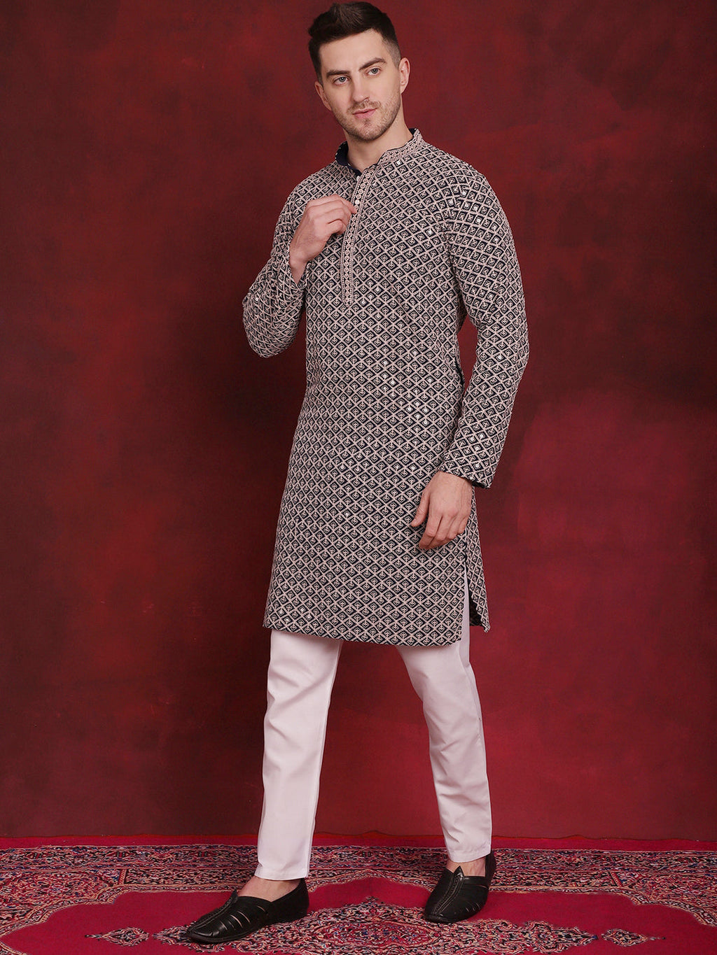 sequin embroidered pure cotton kurta with pyjamas navy 1