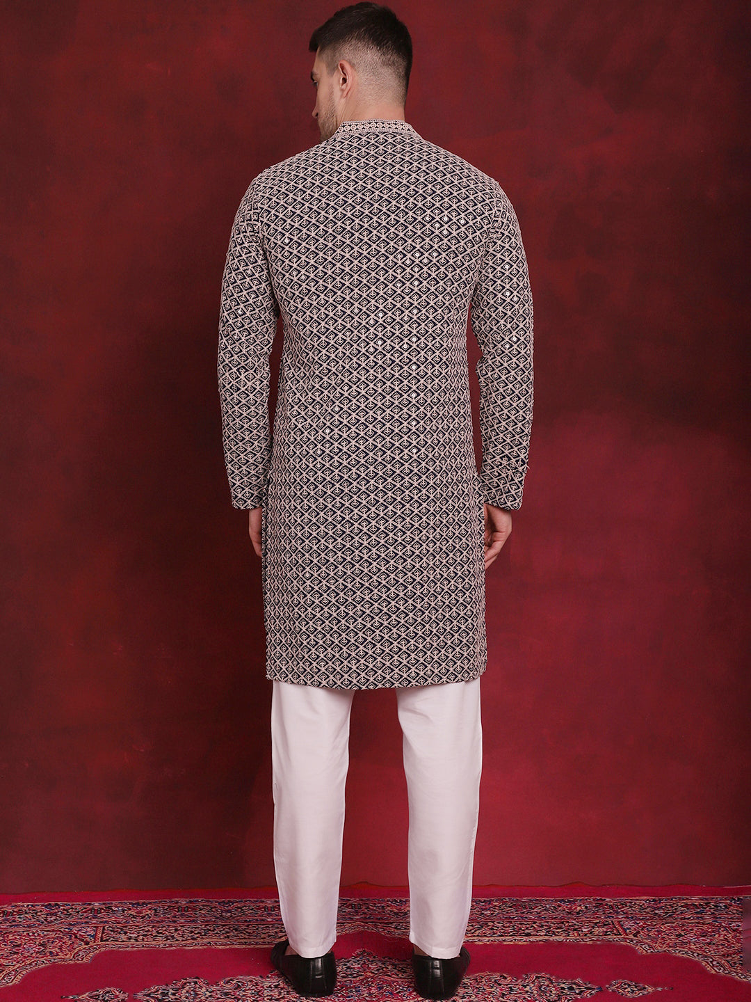 sequin embroidered pure cotton kurta with pyjamas navy 1