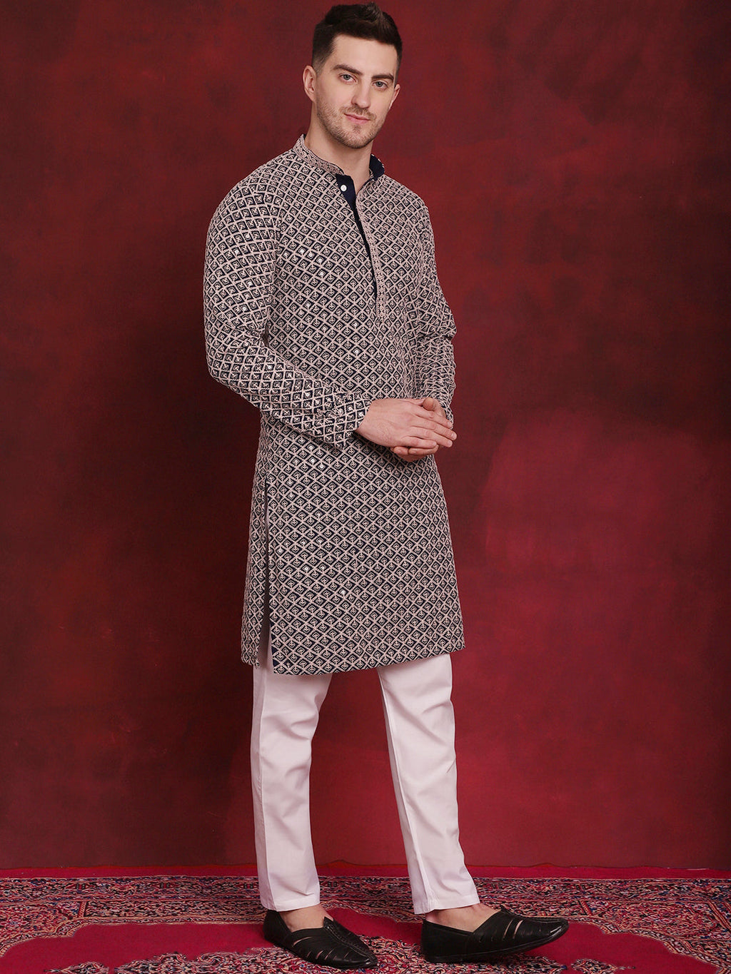 sequin embroidered pure cotton kurta with pyjamas navy 1