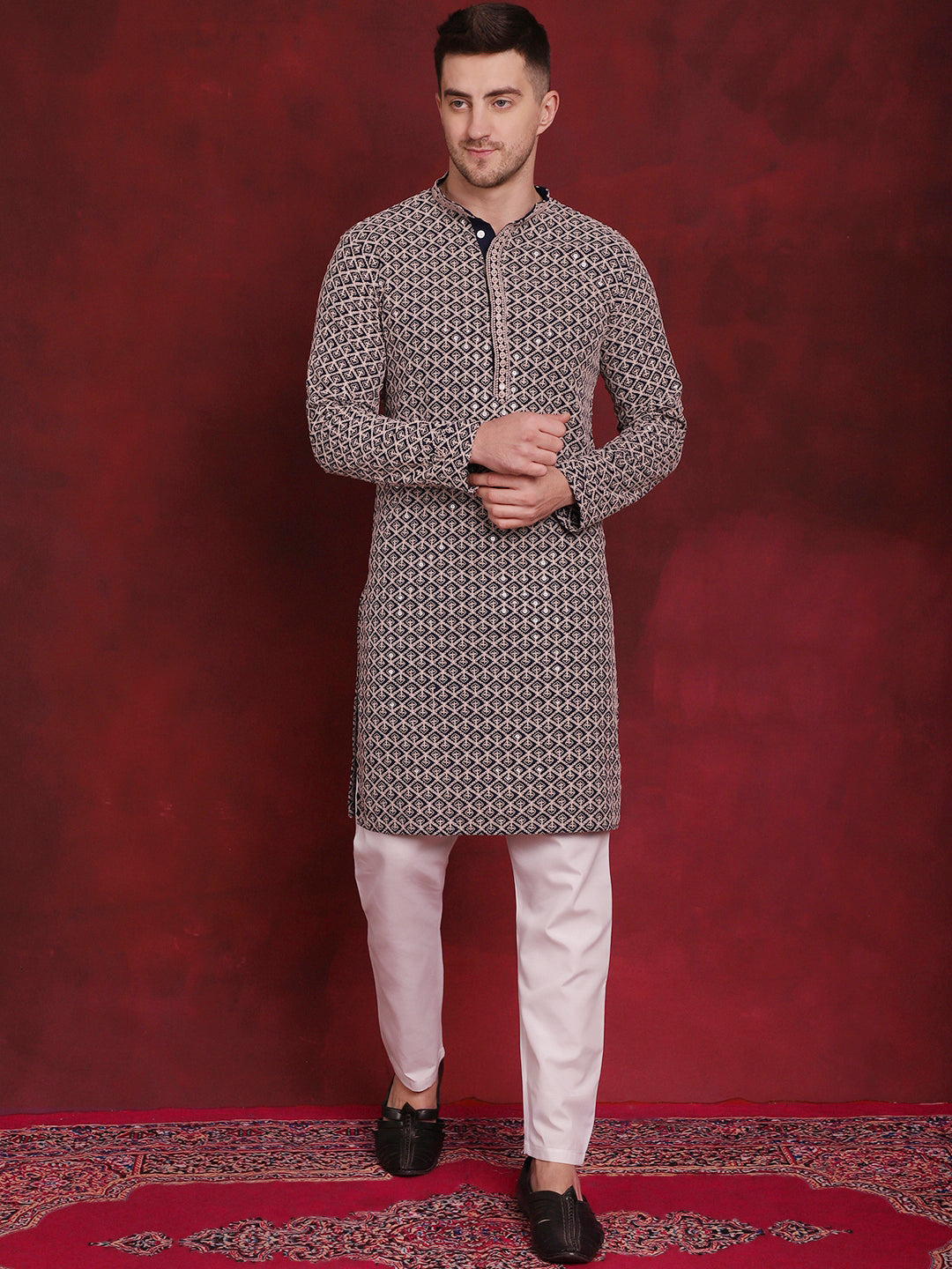 sequin embroidered pure cotton kurta with pyjamas navy 1