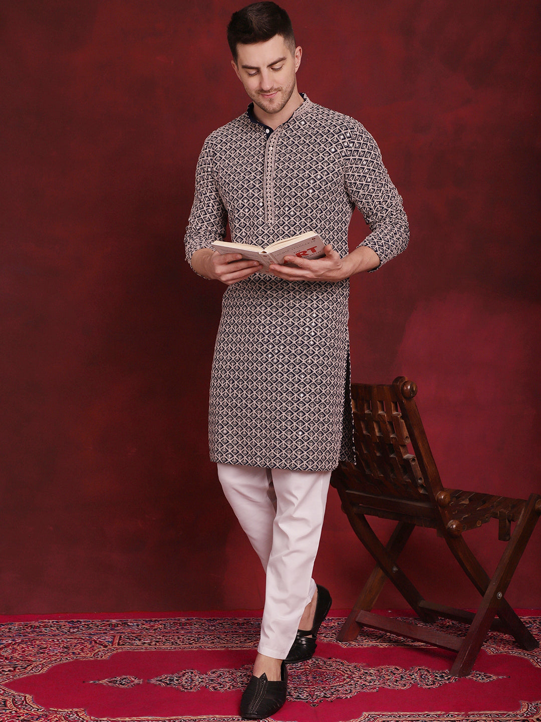 sequin embroidered pure cotton kurta with pyjamas navy 1
