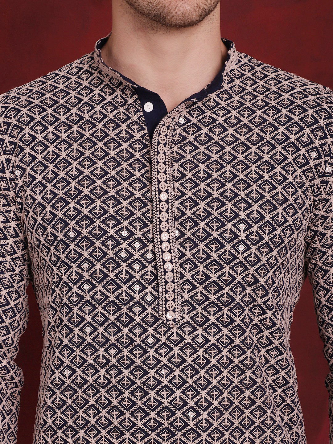 sequin embroidered pure cotton kurta with pyjamas navy 1