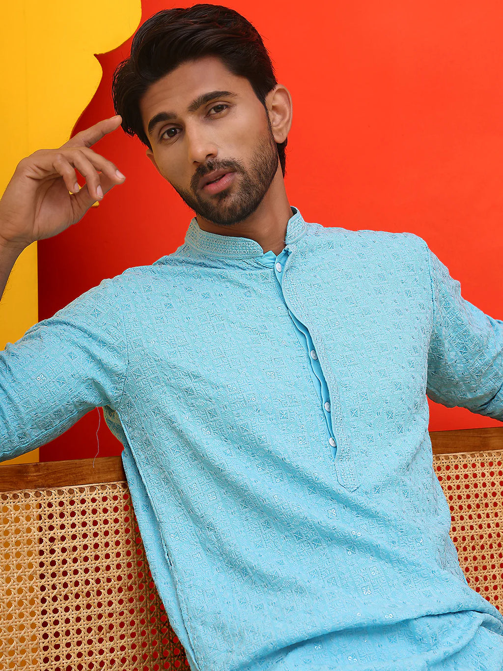 sequin embroidered pure cotton kurta with pyjamas blue
