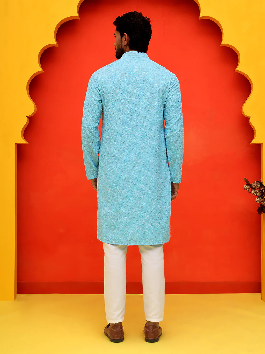sequin embroidered pure cotton kurta with pyjamas blue
