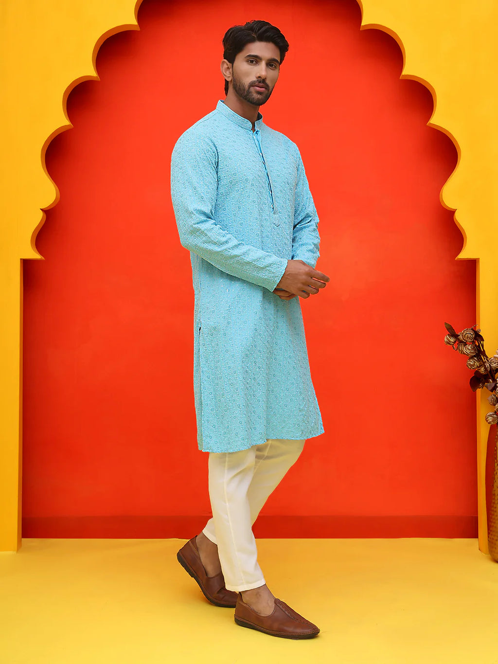 sequin embroidered pure cotton kurta with pyjamas blue