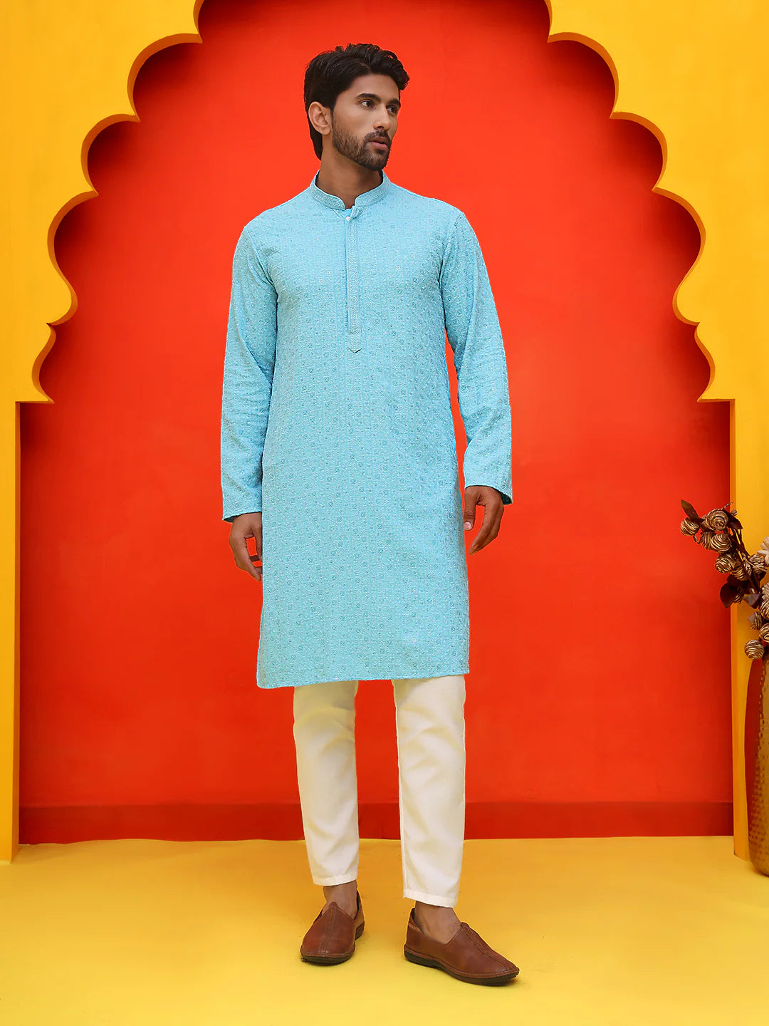 sequin embroidered pure cotton kurta with pyjamas blue
