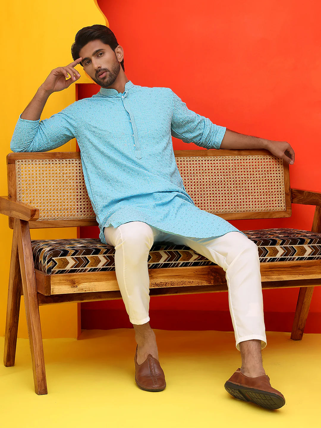 sequin embroidered pure cotton kurta with pyjamas blue