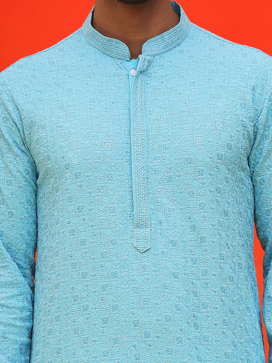 sequin embroidered pure cotton kurta with pyjamas blue