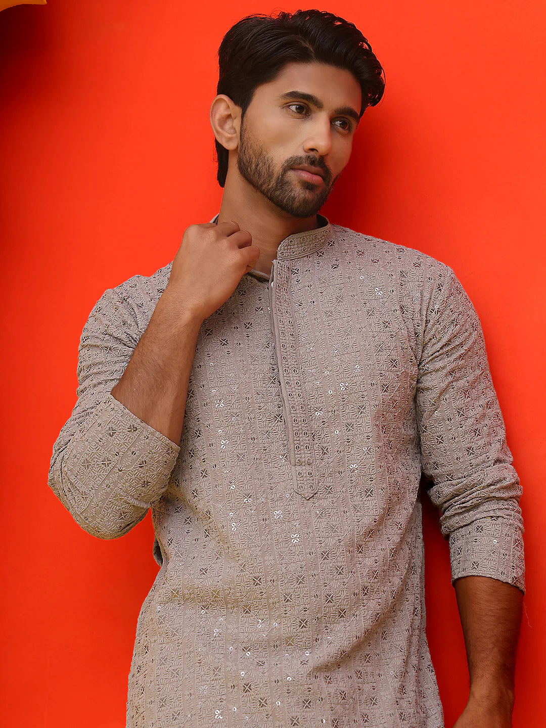 sequin embroidered pure cotton kurta with pyjamas coral