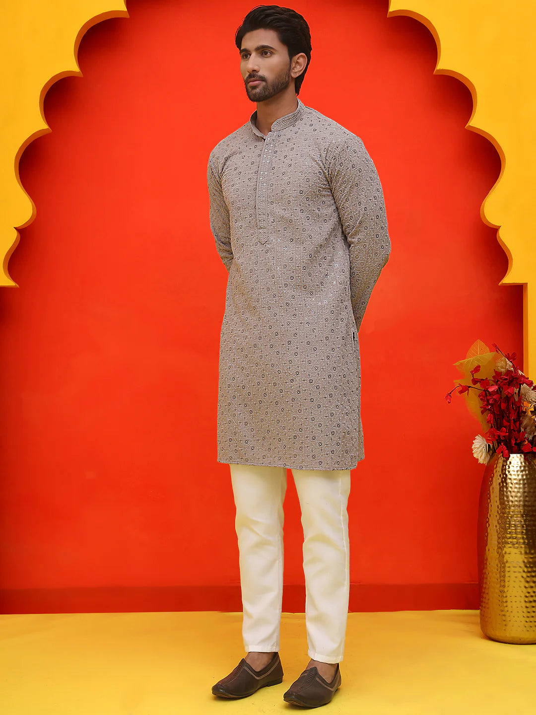 sequin embroidered pure cotton kurta with pyjamas coral